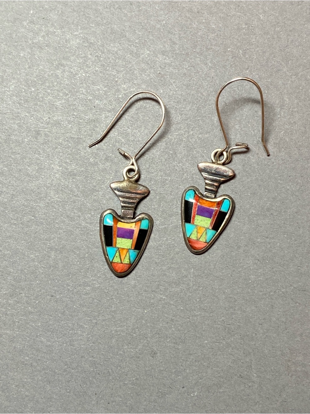 Navajo sterling silver gemstone inlay arrowhead earrings